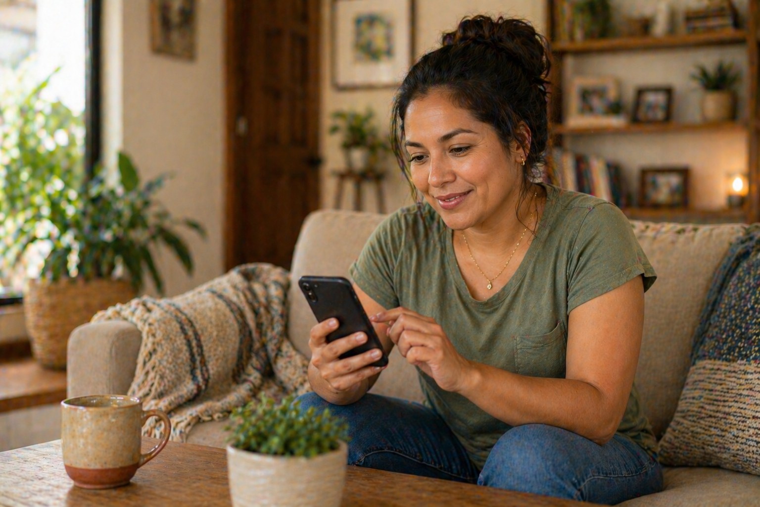 Woman at home looking up her 2027 health plan options on her phone