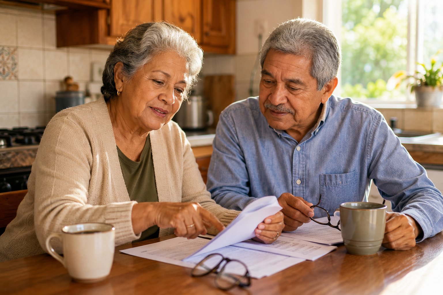 Senior Latino couple reviewing guaranteed acceptance life insurance paperwork together at their kitchen table