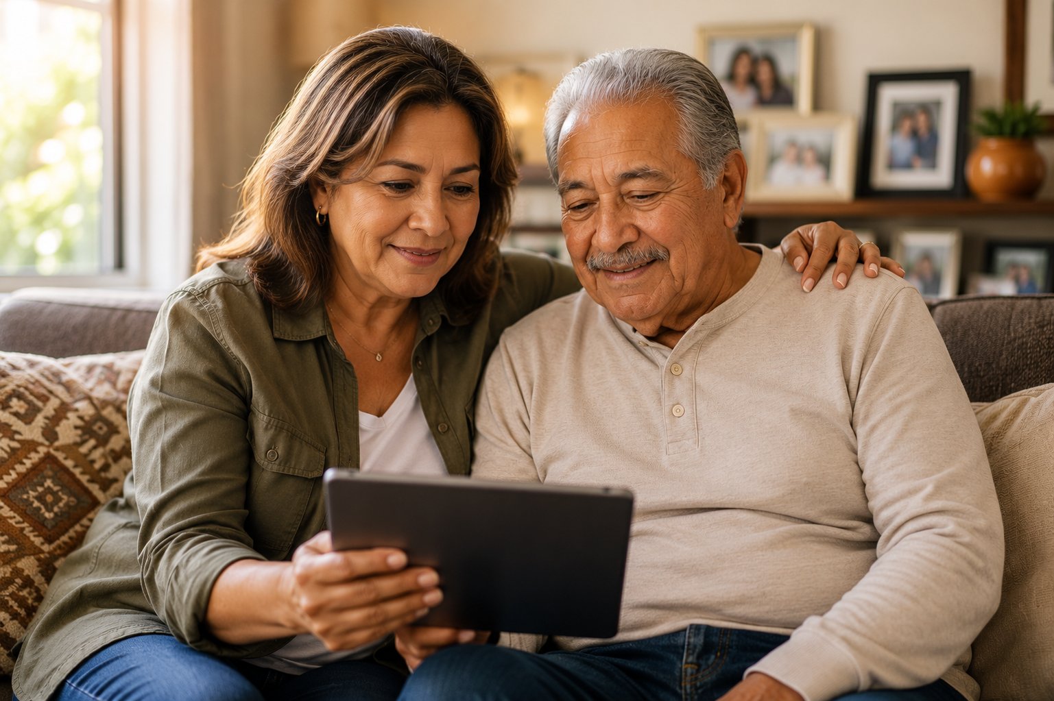 Adult daughter helping her father compare life insurance options together at home