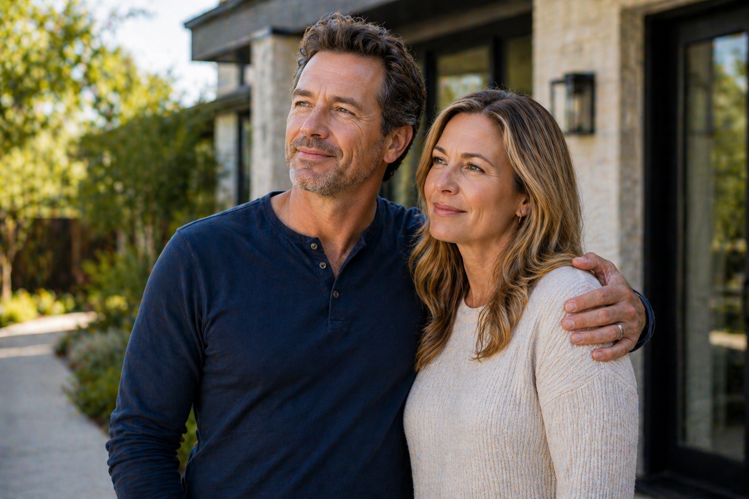 Couple in their 40s outside their home