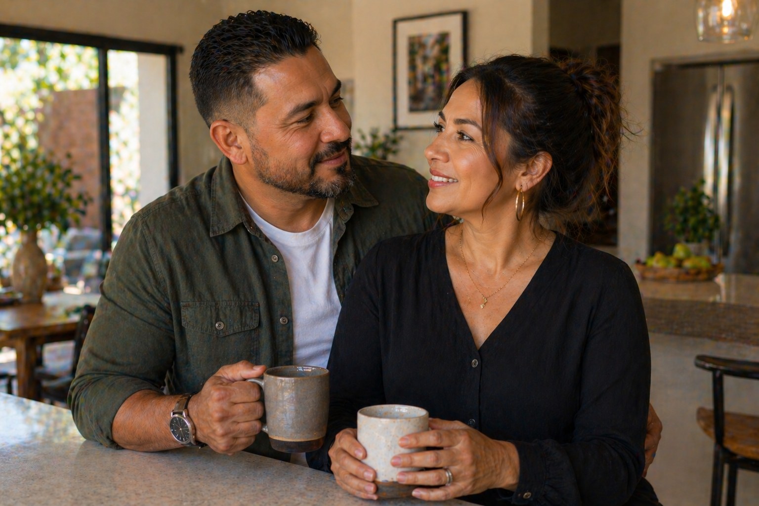 Pareja hispana en su cocina