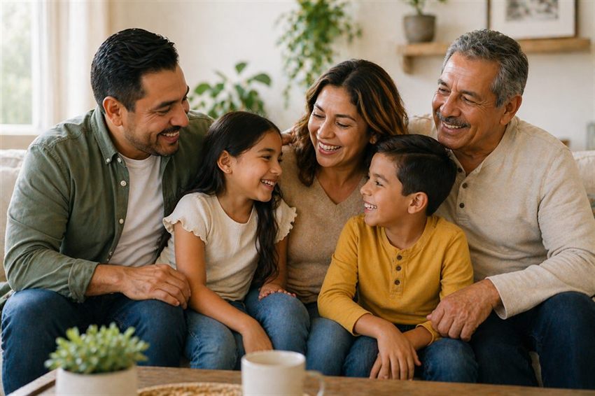 Familia latina multigeneracional reunida en casa