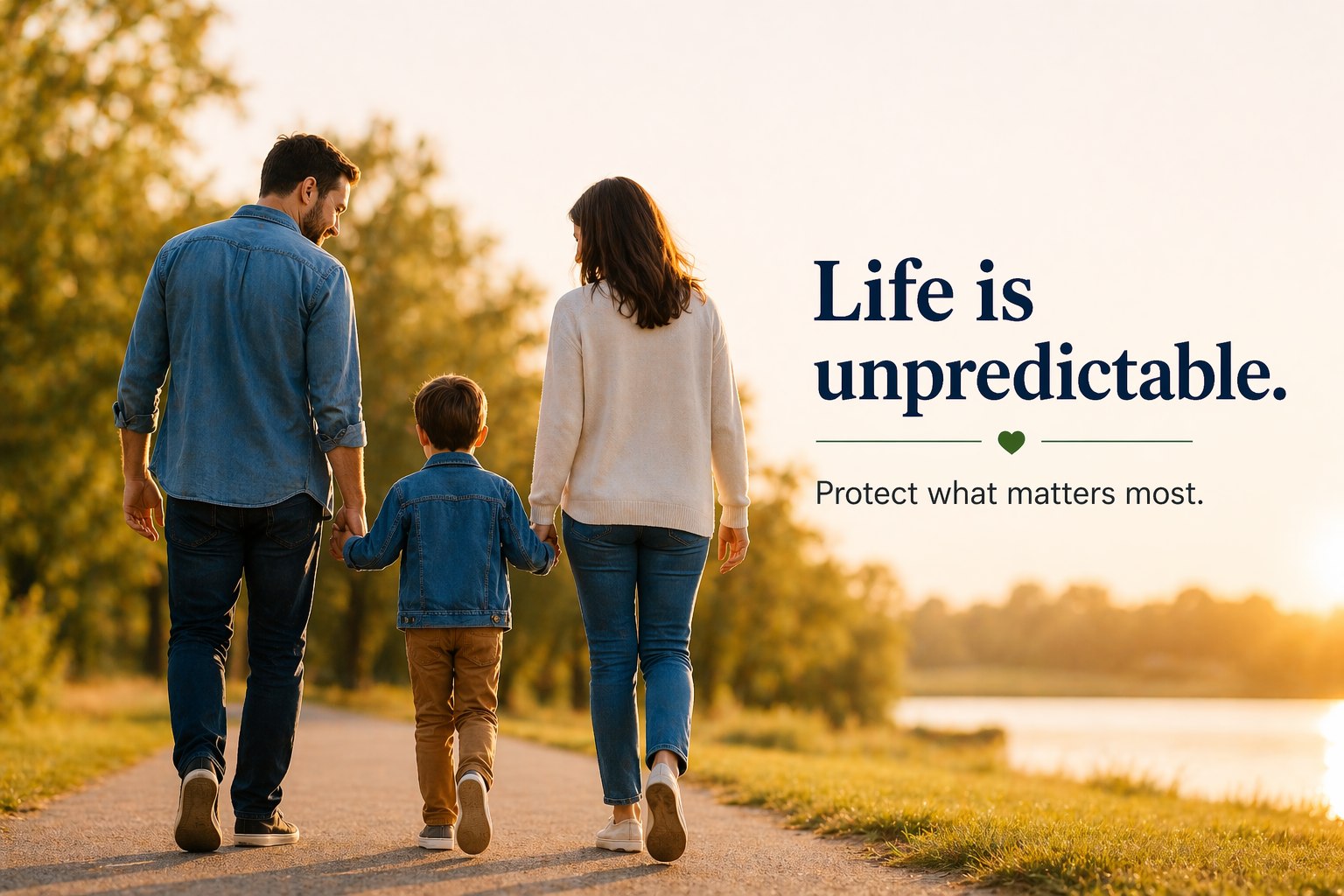 Family of three walking hand-in-hand into golden-hour sunset — protecting what matters most with term life insurance