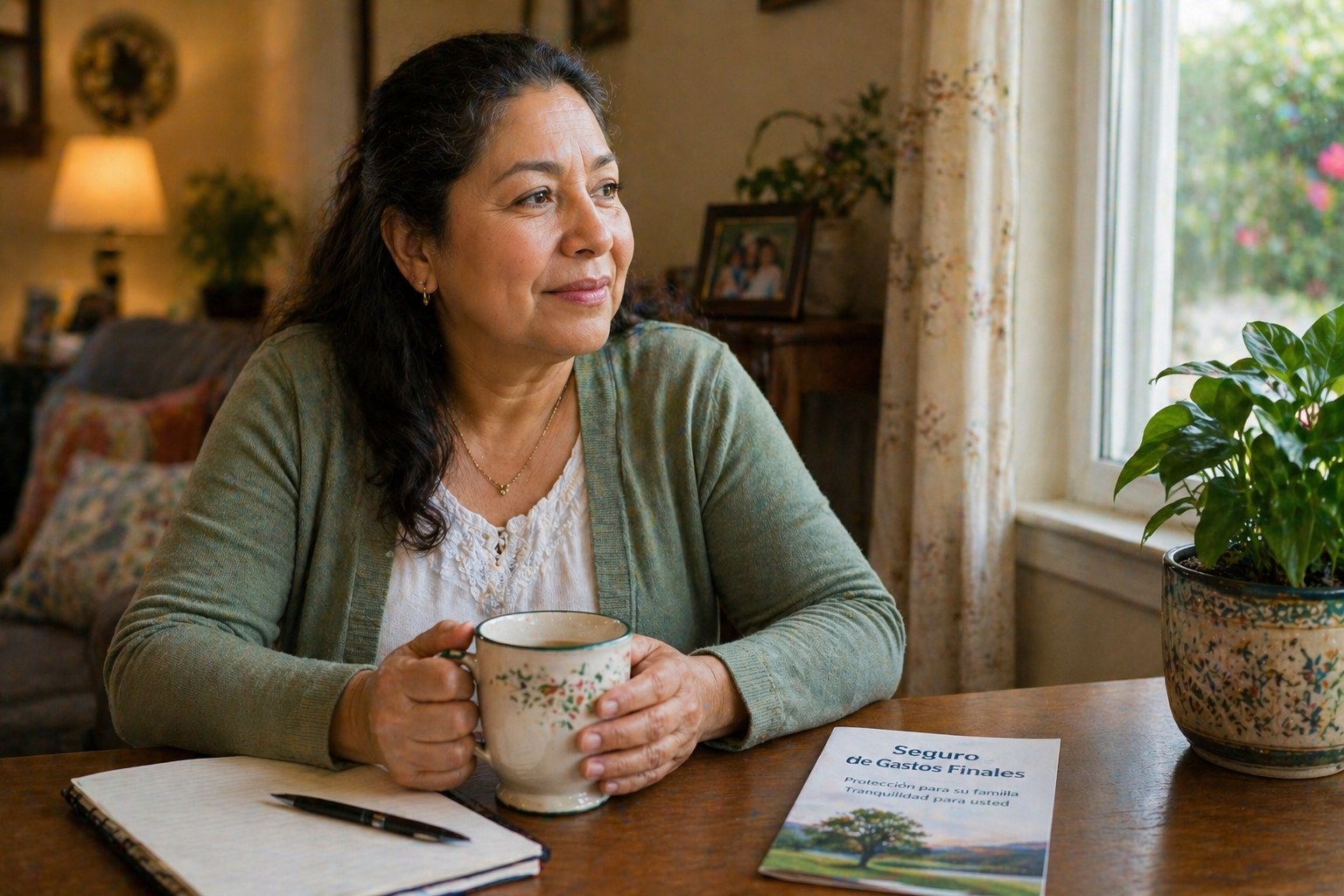 Mujer latina mayor sonriendo en casa