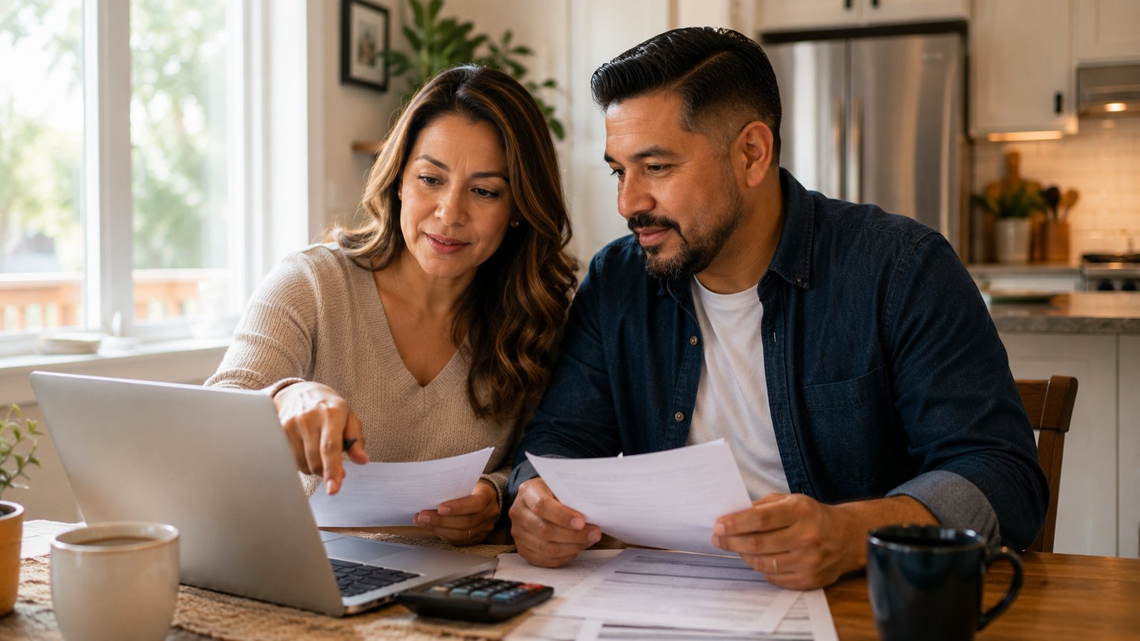 A couple weighing whole life versus term life insurance together at their kitchen table