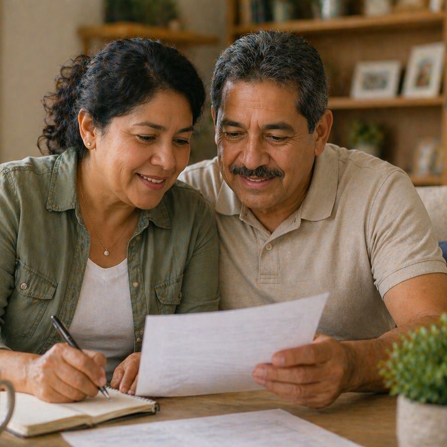 Pareja de unos 60 años revisando papeles en la mesa de su casa