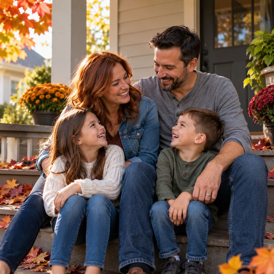 Family of four laughing together on the front steps of their home in the fall
