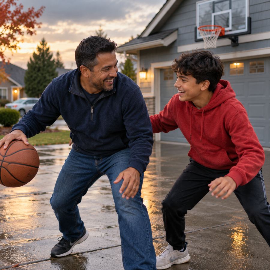 Papá y su hijo adolescente jugando básquetbol en la entrada de la casa al atardecer