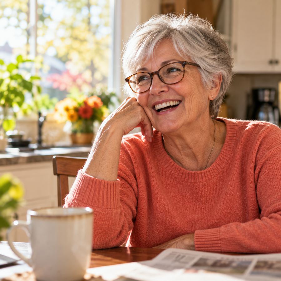 Woman in her 60s wearing glasses, laughing at her kitchen table