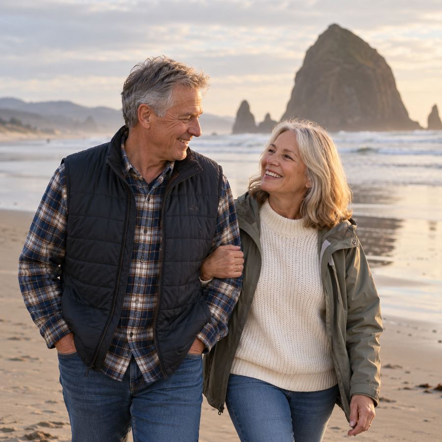 Couple in their 60s walking arm in arm at Cannon Beach, with Haystack Rock behind them