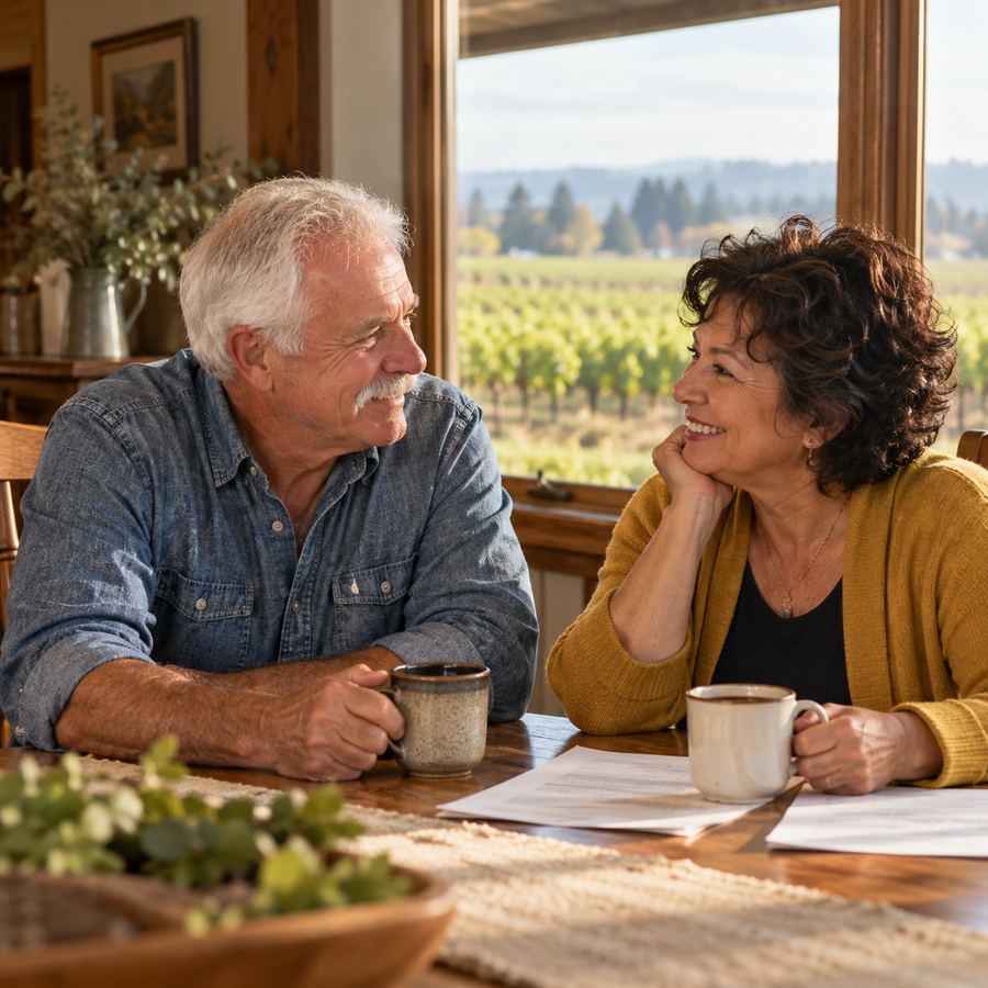 Couple in their 60s talking over coffee at their dining table